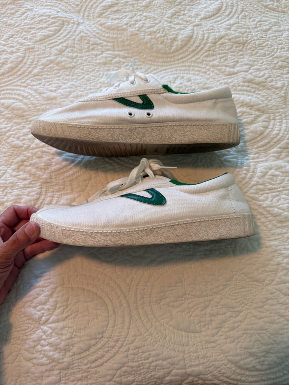 Tretorn White and Green Canvas Sneakers